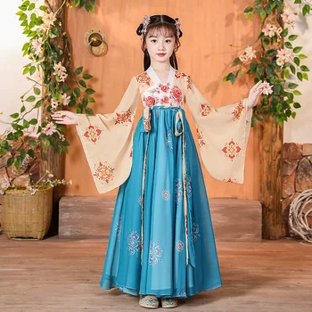 Традиционный народный костюм, платье с аппликацией для девочек, расшитое бисером, Детская одежда для китайских танцев, одежда для косплея феи, Восточное Древнее Ханфу