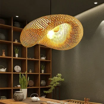 Подвесной светильник со светодиодной подсветкой, потолочная люстра, светильники из бамбукового плетения для гостиной, столовой, ресторана с современным искусством ручной работы, ротанговый абажур