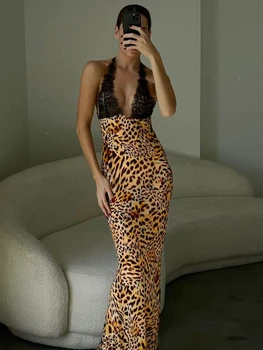Женское платье Макси с леопардовым принтом, лето 2023, Модное кружевное тонкое платье в стиле пэчворк, сексуальная пляжная одежда для отдыха с открытой спиной, без рукавов