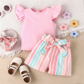 Летние комплекты одежды для девочек, повседневные розовые топы с длинными рукавами и круглым вырезом + Полосатые шорты с поясом, Детская одежда, Детская одежда