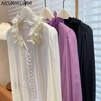 Женская одежда Nomikuma Модная Корейская Шикарная Рубашка с Воротником в виде Лепестков Осенью 2023 года, Новая Блузка с длинным Рукавом И Лентой, Топы, Camisas