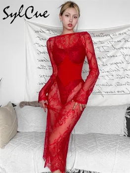Шелковое красное кружевное перспективное облегающее сексуальное, горячее, зрелое, очаровательное, уверенное в себе, привлекающее внимание женское платье для осенней вечеринки на Хай-стрит