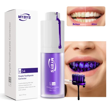 Отбеливающая зубы Фиолетовая зубная паста MYBYS, Мощное отбеливающее средство для удаления пятен, Свежее дыхание, осветляющее зубы 2023