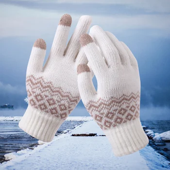 Зимние Кашемировые Вязаные перчатки, Вязаные крючком Шерстяные Варежки на весь палец, Лыжные перчатки с сенсорным экраном, Уличные Теплые Утолщенные варежки
