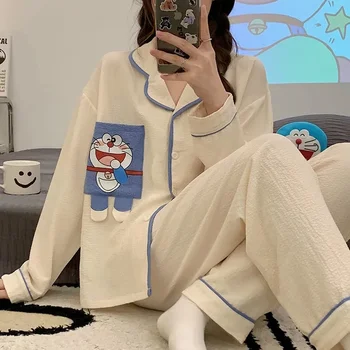 Doraemon модный Пижамный комплект, Женская осенне-весенняя одежда для сна, домашняя одежда с героями мультфильмов для девочек, милый домашний теплый пижамный костюм, ночная рубашка
