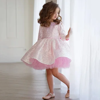 Милые светло-розовые платья с цветами для девочек, рукава 3/4, детское праздничное платье на день рождения, короткое бальное платье с блестками, танцевальный наряд с бантом 2023