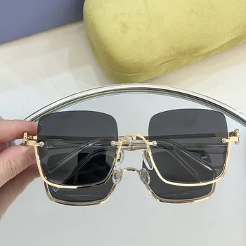 Высококачественные золотистые металлические Прямоугольные солнцезащитные очки без оправы для женщин и мужчин, Голографические Радужные модные солнцезащитные очки унисекс