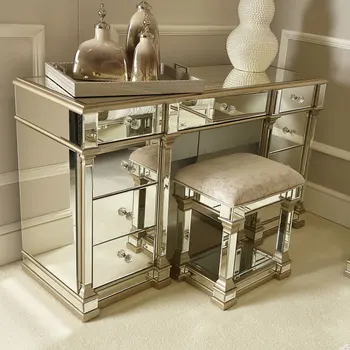 Модная мебель для спальни Зеркальный туалетный столик с 9 выдвижными ящиками С отделкой цвета Шампанского и золота