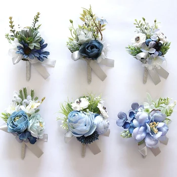 Синий корсаж на запястье, Бутоньерка для подружек невесты, Бутоньерка ручной работы из искусственного шелка, браслет из роз, Цветы для декора свадебной вечеринки