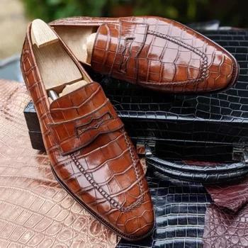 Коричневые мужские лоферы без застежки с каменным узором, черные мужские официальные туфли ручной работы, мужская деловая обувь, Размер 38-48