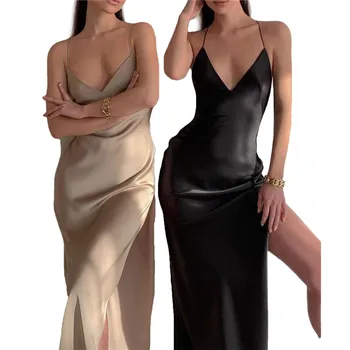 Женское сексуальное платье Миди с разрезом, лето 2022, Элегантные однотонные вечерние коктейльные платья без рукавов с глубоким V-образным вырезом и открытой спиной для женщин
