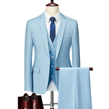 Мужские облегающие деловые повседневные костюмы, комплект из трех предметов, куртка, брюки, жилет /Мужской Свадебный блейзер для жениха, пальто, брюки, жилет