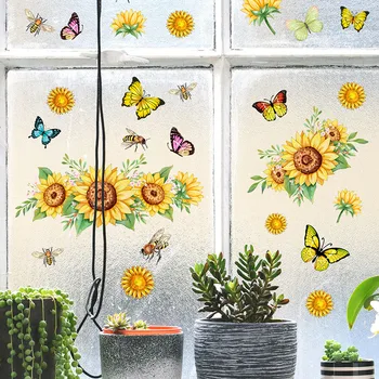 Накладки на окна с подсолнухом, статические наклейки, накладки на окна с бабочками и пчелами, наклейки на стеклянные окна для летних осенних украшений