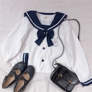 Униформа JK Girl в японском стиле с воротником-бабочкой, Женский кролик из аниме Каваи, Милая блузка, Женская повседневная рубашка в морском стиле для школьниц