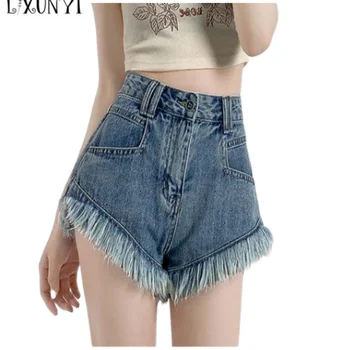 LXUNYI Пикантные джинсовые шорты с кисточками в стиле пикантных девушек, женские летние шорты с высокой талией 2023, тонкие джинсовые шорты трапециевидной формы