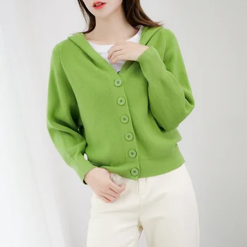 Кардиган Женский Весна Осень 2023 Новый Ленивый свитер с капюшоном, пальто, женский короткий Корейский модный Свободный вязаный кардиган, одежда Cjk