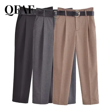 QFAF Женские модные Прямые брюки в клетку с поясом на молнии, зимние шикарные женские тренировочные брюки OL