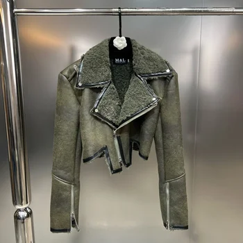 Новая Зимняя коллекция 2022 года Отложной воротник Молнии Манжеты на рукавах Кожаная куртка из искусственного Меха Женское пальто Неправильной формы