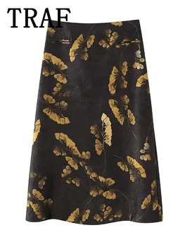 Женские длинные юбки с принтом TRAF, мода 2024, винтажная юбка миди, молния сзади, юбка с высокой талией, элегантная женская юбка для вечеринок