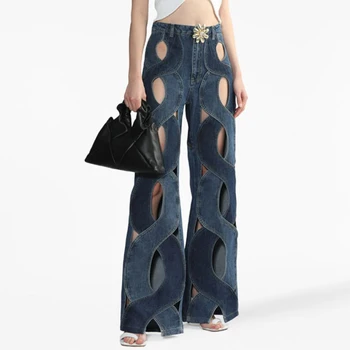 Женские дизайнерские джинсы с высокой талией, прямые брюки, Свободные повседневные джинсовые брюки