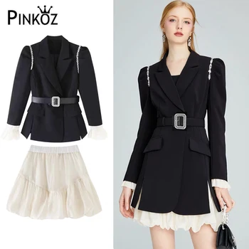 Pinkoz, новый дизайн, женские комплекты из двух предметов, черные хрустальные лоскутные блейзеры с расклешенными рукавами, облегающие блейзеры, женская куртка, белая мини-юбка, костюмы z