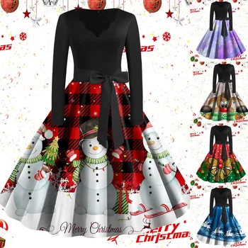 Повседневные платья для женщин 2023, Модное Рождественское платье, Классическое Чайное платье, платье с длинным рукавом и V-образным вырезом, с поясом, коктейльная вечеринка на качелях