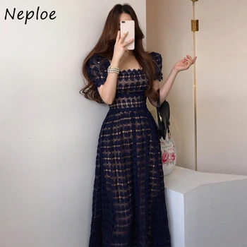 Французское сексуальное Темпераментное платье Neploe Femme 2024 Летнее Винтажное Элегантное длинное однотонное платье с пышными рукавами, шикарные кружевные платья