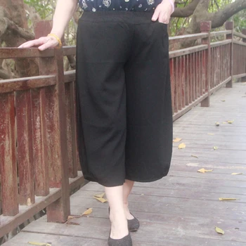 брюки палаццо для женщин, капри большого размера, широкие повседневные летние брюки-стрейч в стиле бохо с высокой талией, эластичный пояс из ледяного шелка WD163