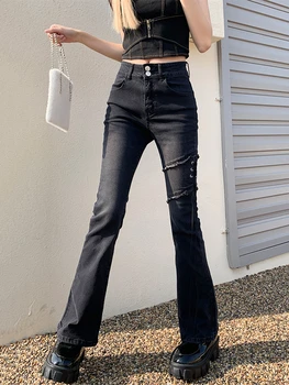 Американские черные джинсы на шнуровке с вырезами, Женские весенне-осенние уличные повседневные Модные джинсовые брюки с разрезом, утягивающие джинсовые брюки, женские