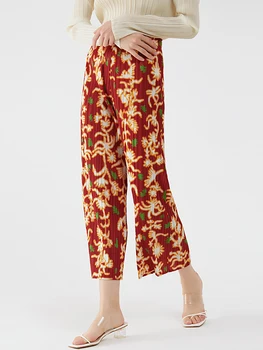 Прямые брюки Miyake в складку с красным принтом Осень 2022, зимние наряды в корейском стиле, женские брюки с высокой талией, эстетичная одежда