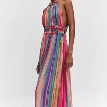 2023 женщин летнее платье мода полосатый элегантный улица холтер без рукавов женские длинные линии платье