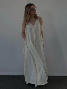 Женское элегантное свободное однотонное плюшевое платье в стиле пэчворк, женские контрастные макси-платья без рукавов с V-образным вырезом, 2023 Женские уличные халаты