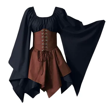 Женский средневековый Эльфийский костюм феи-эльфа, Традиционное платье, комплект из корсета со шнуровкой на талии, Винтажные вечерние платья с повязкой для косплея.