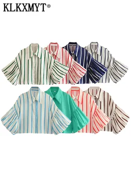 TRAF 2023 Женские рубашки в полоску, Повседневные укороченные блузки на пуговицах для женщин, рубашки и блузки с коротким рукавом, женские летние топы