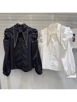 Дизайнерская блузка-рубашка HIGH STREET New Fashion 2024, женская блузка-рубашка с заостренным краем с водяным бриллиантом и пузырчатым рукавом, блузка-топ