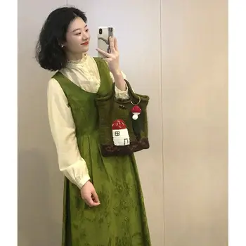 Комплект осенних платьев, уникальная блузка с длинными рукавами цвета Абрикоса Sweet Girl, зеленая майка с листьями Лотоса, длинное платье, комплект из двух предметов, женская одежда