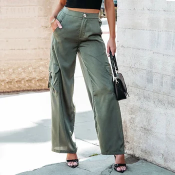 Армейские Зеленые брюки Женские Весна Лето Брюки с высокой талией и широкими штанинами Мода 2023 года Прямые брюки Карго с большим карманом Pantalones Mujer