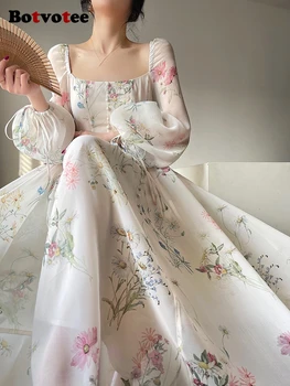 Женское платье Миди с принтом Botvotee 2023, новое модное элегантное винтажное платье с высокой талией, шикарные платья с квадратным воротником и длинным рукавом
