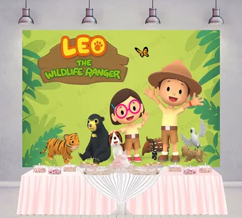 PatyBar Leo Wildlife Ranger Background Детский День рождения Фон для фотосъемки Зеленый Лесной Деревянный Фото Баннер Для украшения реквизита