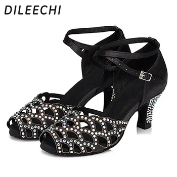 DILEECHI/ Женские туфли для латиноамериканских танцев, стразы, черная обувь для сальсы на каблуке 6 см, обувь для взрослых бальных танцев, атласная обувь с мягкой подошвой для вечеринок