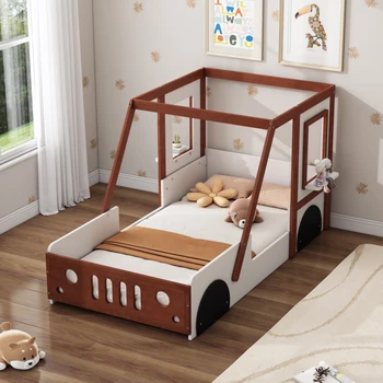 Автомобильная кровать Fun Play Design Twin Size, детская кровать-платформа в форме автомобиля для детей, мальчиков и девочек-подростков, белый + оранжевый
