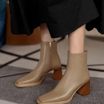 Женские ботильоны 2023 года; модная обувь с квадратным носком; сезон осень-зима; короткие ботинки на молнии на квадратном каблуке; удобная женская обувь