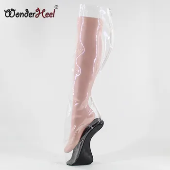 Wonderheel новый ультра высокий каблук 18 см изогнутые клинья пятки балетных сапоги сексуальный фетиш прозрачного ПВХ на высоком каблуке ботинок балета молния сзади