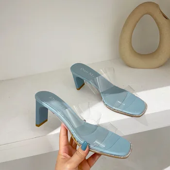 Прозрачные двухдиапазонные тапочки женские босоножки летние туфли на высоком каблуке женские шлепанцы-лодочки со стразами с квадратным носком прозрачные слайды