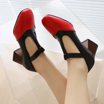 Модные новые женские туфли Mary Jane контрастного цвета на массивном каблуке