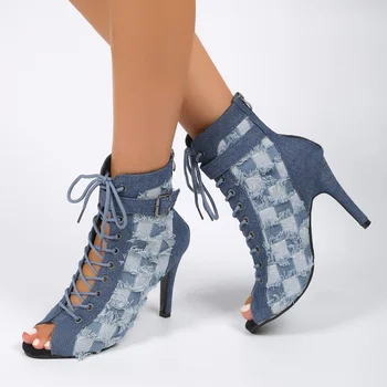 Женская обувь в продаже 2023, Модные Женские Босоножки на шнуровке, Летние Повседневные Синие джинсовые туфли с Открытым носком На высоком каблуке, Пикантные модельные туфли, Женские