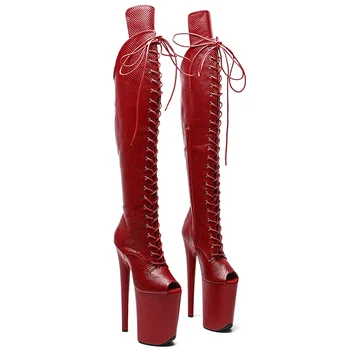 Leecabe 23 см/9 дюймов, модные женские ботинки для танцев на шесте на платформе и высоком каблуке из искусственной кожи с открытым носком.