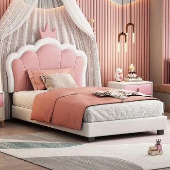 кровать для девочек 90 x 200 см с решетчатым каркасом и спинкой, мягкая кровать в форме короны, белая (матрас в комплект не входит)