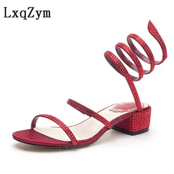 Блестящий Кристалл змея перекрещенные лодыжки ремень сандалии для женщин с открытым носком коренастый пятки летняя обувь сладкий