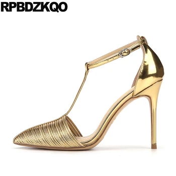 Сандалии с заостренным золотым закрытым носком, дизайнерская обувь больших размеров с Т-образным ремешком, женские роскошные модные фетиш-туфли-лодочки на шпильке 2021 года, экстремальные